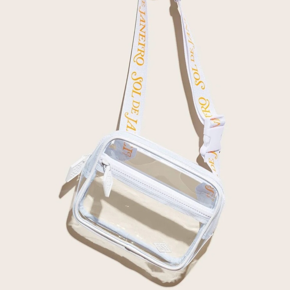 Sol de Janeiro Clear Crossbody Bag with White Trim and Yellow Logo Strap